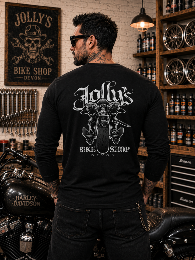 'JOLLY PIRATE BIKER' BLACK T-SHIRT LONG SLEEVED - logo on left breast and back/ NO sleeve print | BSM-TSL001 - Image 2