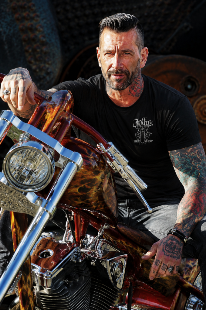 'JOLLY PIRATE BIKER' T-SHIRT -with small logo on left breast and large logo on back | BSM-TS002