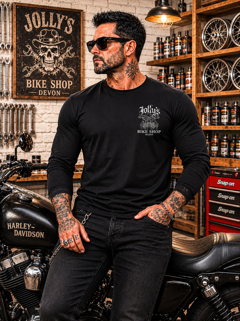 'JOLLY PIRATE BIKER' BLACK T-SHIRT LONG SLEEVED - logo on left breast and back/ NO sleeve print | BSM-TSL001