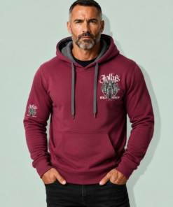 Alternative view of NEW 'JOLLY PIRATE BIKER' HOODIE Small pirate logo on left breast- large pirate biker on back and small pirate skull on sleeve | BSM-HOOD011