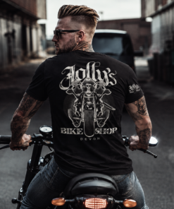 2025 'JOLLY PIRATE BIKER' T-SHIRT - logo on chest, sleeve & large back - BSM-TS018