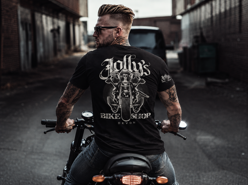 2025 'JOLLY PIRATE BIKER' T-SHIRT - logo on chest, sleeve & large back - BSM-TS018