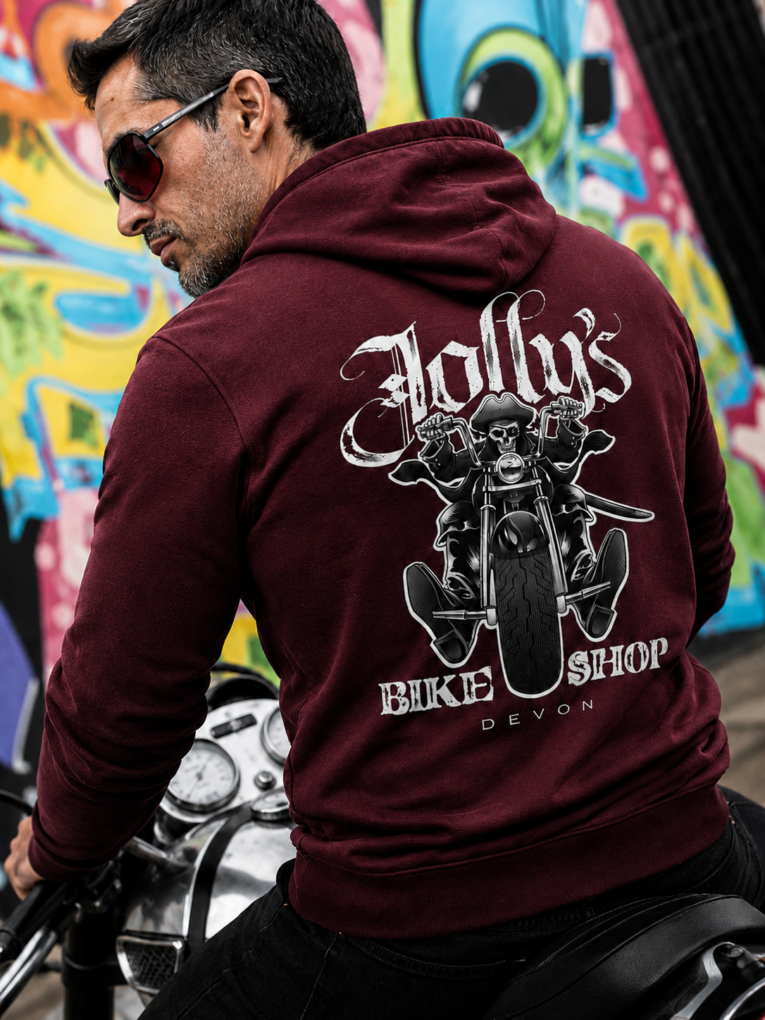 NEW 'JOLLY PIRATE BIKER' HOODIE Small pirate logo on left breast- large pirate biker on back and small pirate skull on sleeve | BSM-HOOD011