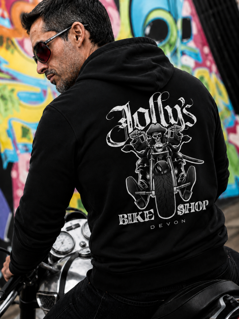 NEW 'JOLLY PIRATE BIKER' HOODIE Small pirate logo on left breast- large pirate biker on back and small pirate skull on sleeve | BSM-HOOD011 - Image 3