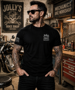 'JOLLY SKULL BIKE NIGHT' 2025 DATES T-SHIRT - front left breast logo, sleeve logo and full dates on back | BSM-TS023