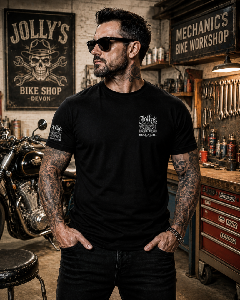'JOLLY SKULL BIKE NIGHT' 2025 DATES T-SHIRT - front left breast logo, sleeve logo and full dates on back | BSM-TS023