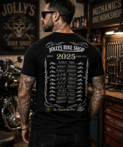 Alternative view of 'JOLLY SKULL BIKE NIGHT' 2025 DATES T-SHIRT - front left breast logo, sleeve logo and full dates on back | BSM-TS023