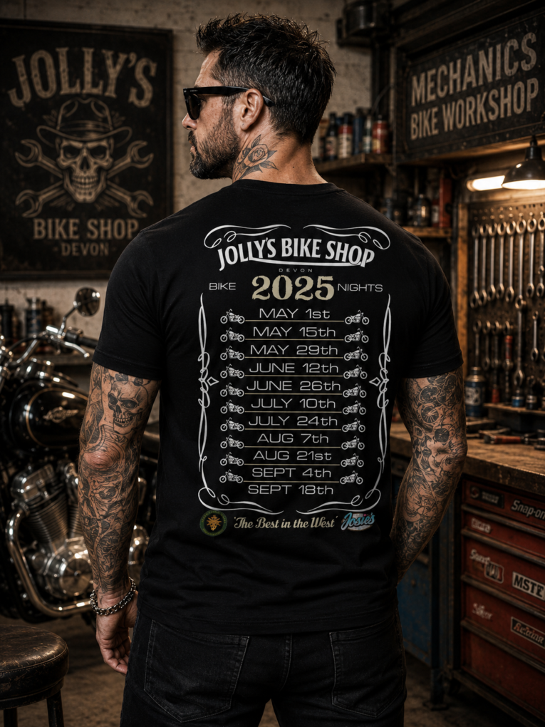 'JOLLY SKULL BIKE NIGHT' 2025 DATES T-SHIRT - front left breast logo, sleeve logo and full dates on back | BSM-TS023 - Image 2